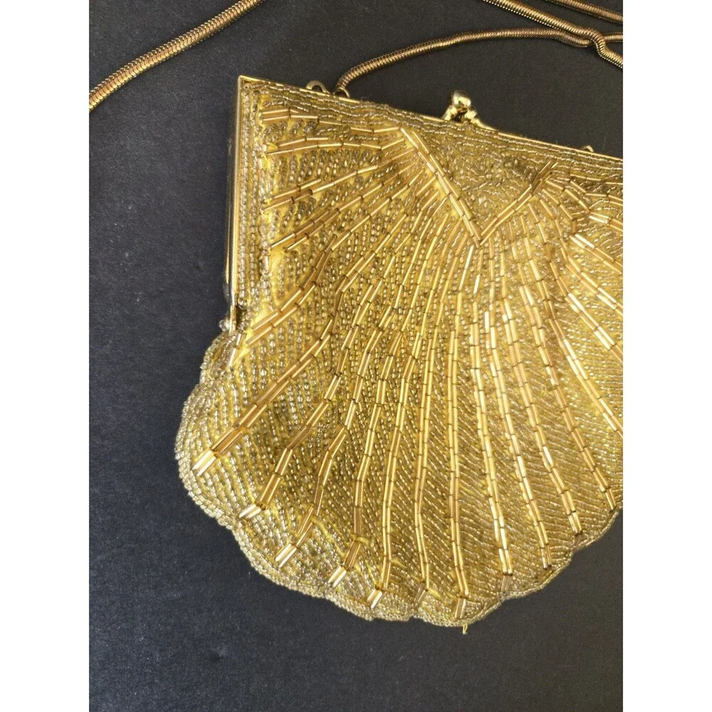 Vintage Partners by Mervyns Gold Beaded Clamshell Evening Bag / Clutch GUC